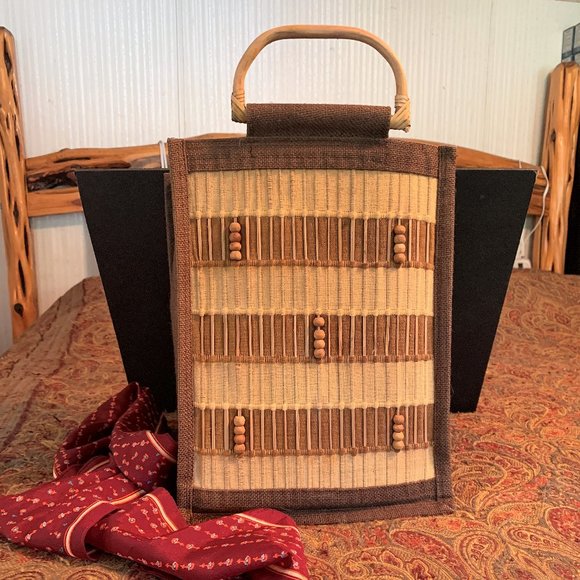 TrueTote Woven Jute 6 Bottle Wine Tote Boho Bag Burlap Carrier Bamboo Handle - Picture 1 of 14